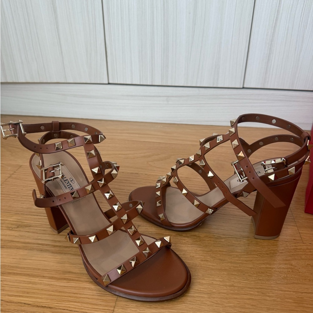 Valentino Tan Strappy Sandals with Gold Studs